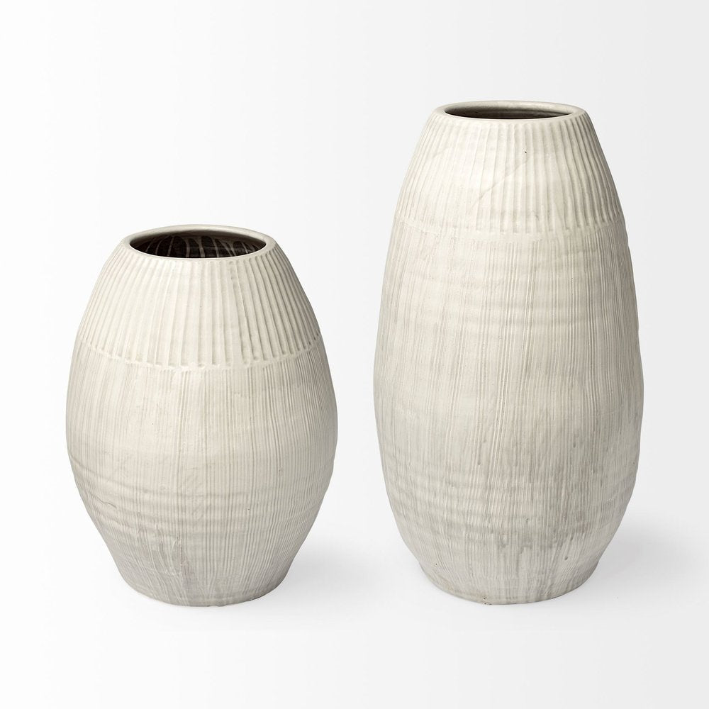 21" White Striped Ceramic Cylinder Floor Vase — view 2