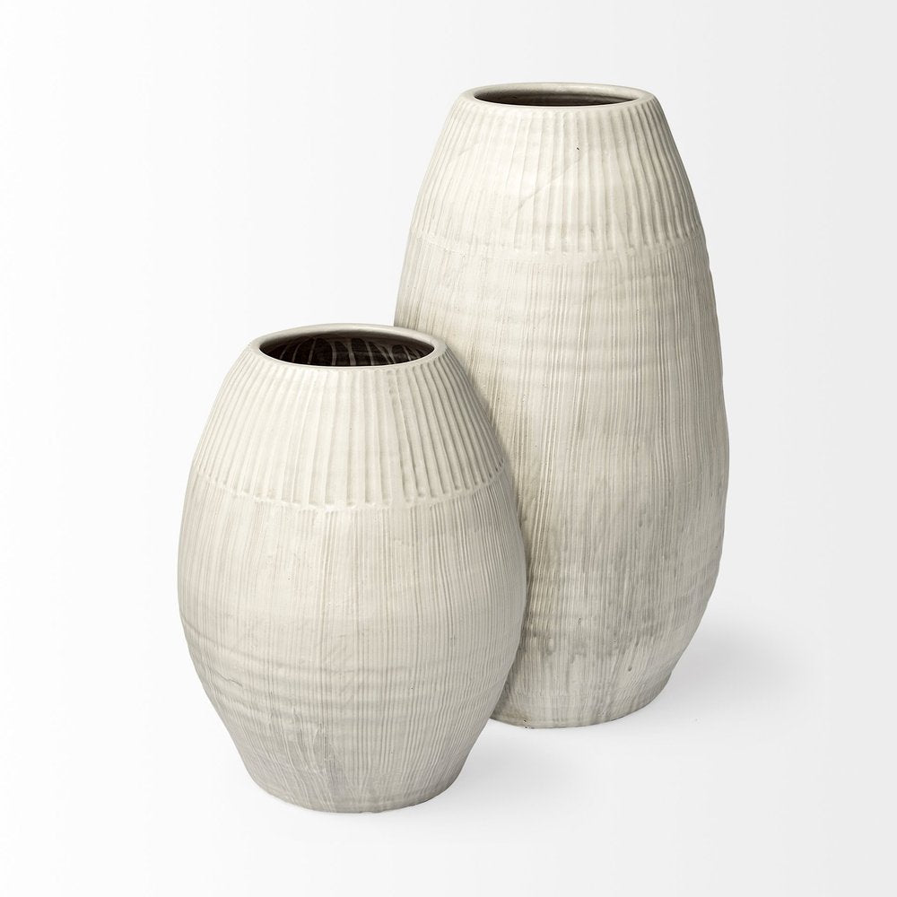 21" White Striped Ceramic Cylinder Floor Vase — view 3