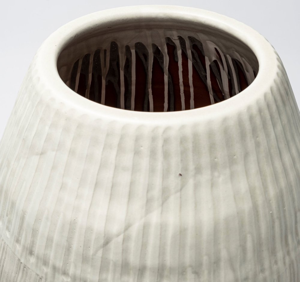 21" White Striped Ceramic Cylinder Floor Vase — view 5