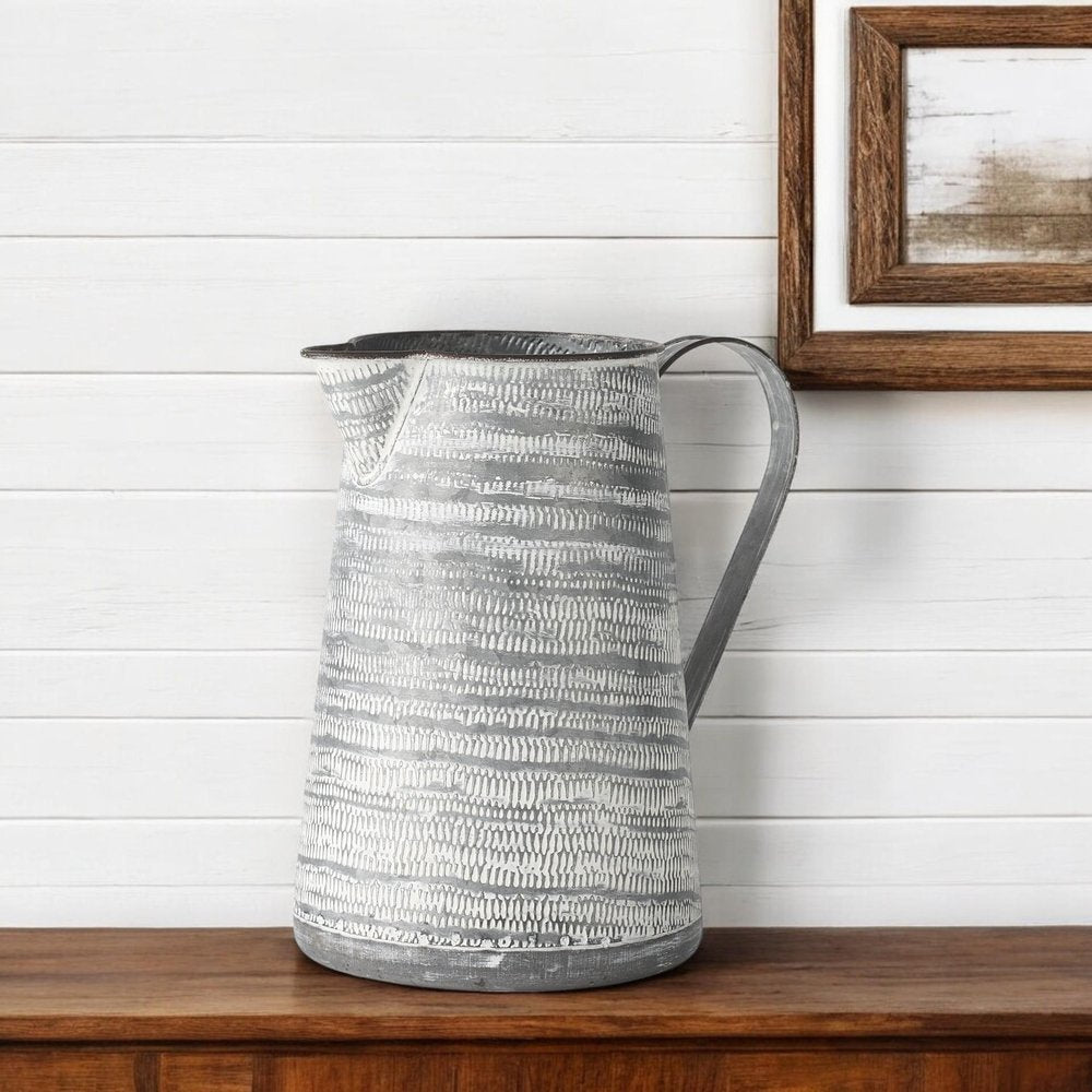 11" Gray and White Abstract Metal Jug Vase HomeRoots