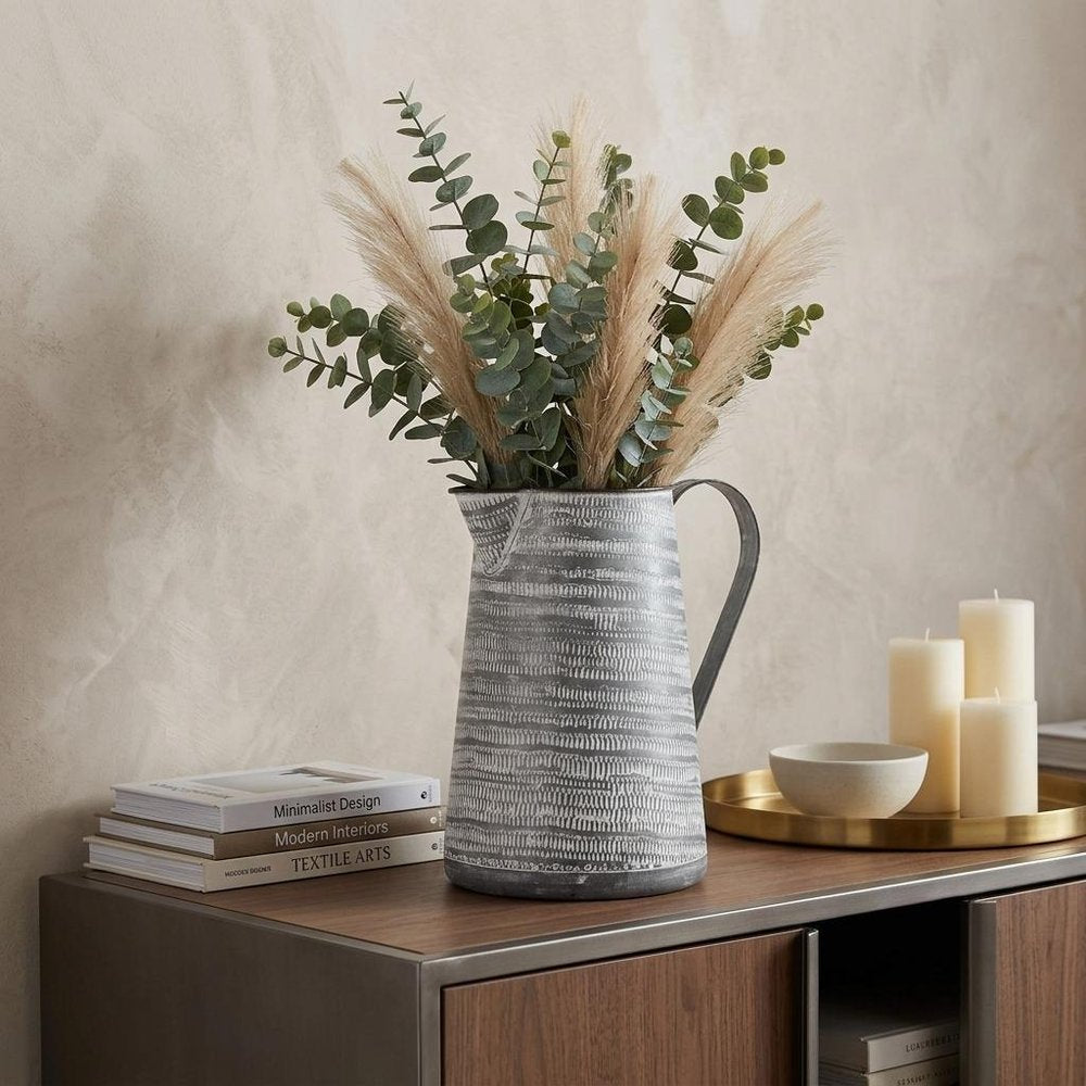 11" Gray and White Abstract Metal Jug Vase HomeRoots
