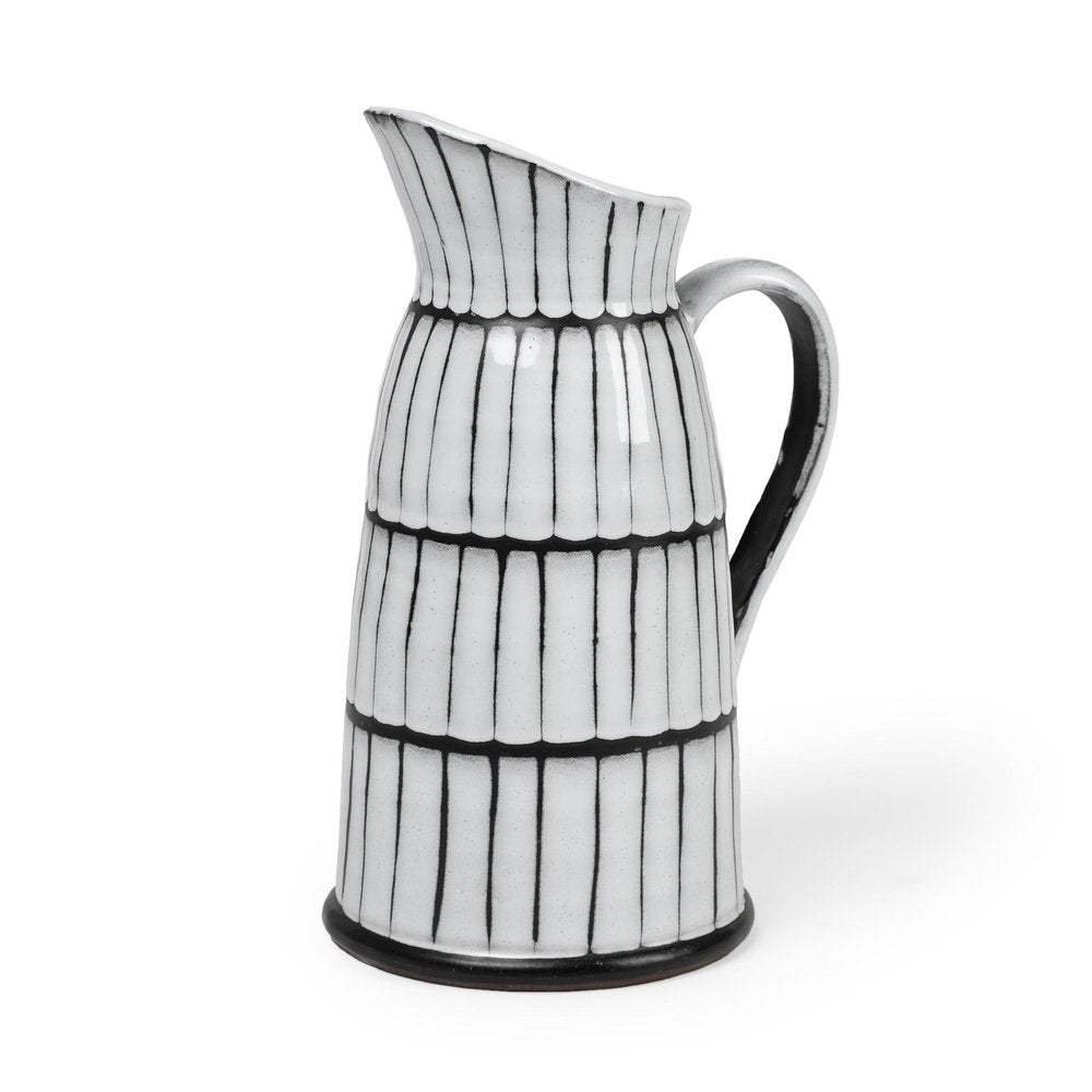 13" Black And White Ceramic Cylinder Jug Vase With Sculptural Details HomeRoots