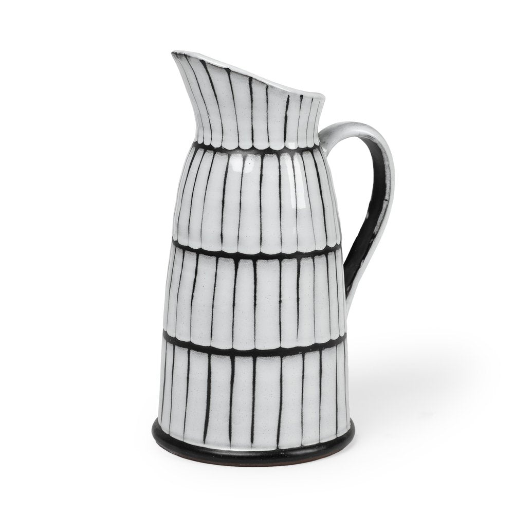 13" Black And White Ceramic Cylinder Jug Vase With Sculptural Details HomeRoots
