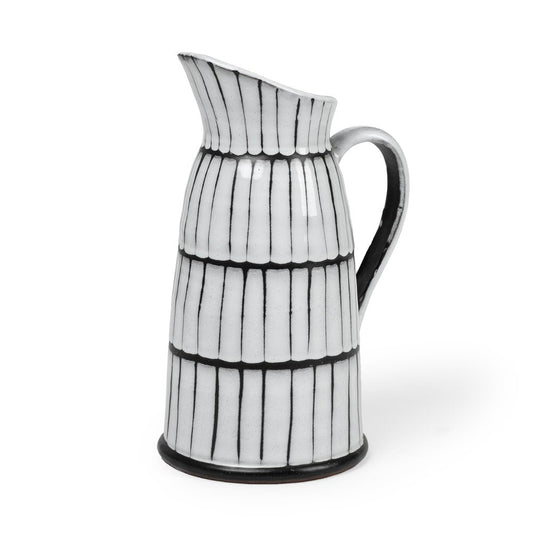 13" Black And White Ceramic Cylinder Jug Vase With Sculptural Details HomeRoots