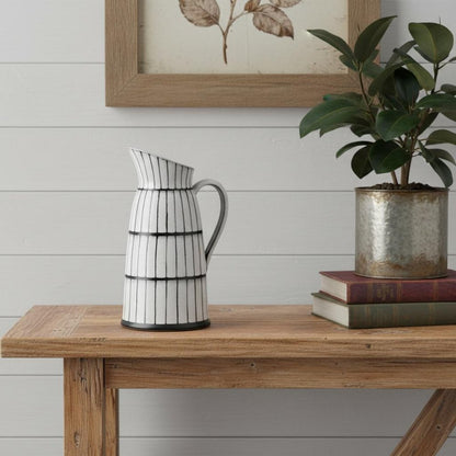 13" Black And White Ceramic Cylinder Jug Vase With Sculptural Details HomeRoots