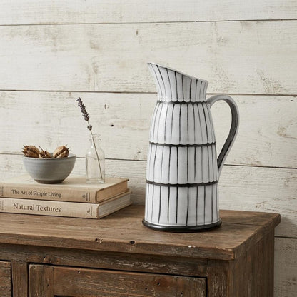 13" Black And White Ceramic Cylinder Jug Vase With Sculptural Details HomeRoots