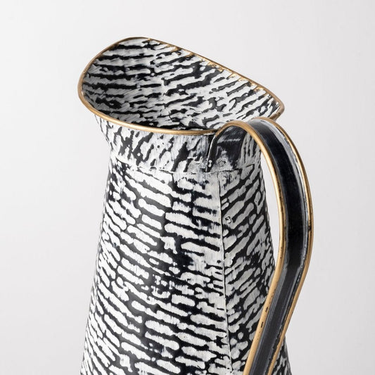 14" Black And White Abstract Cylinder Metal Jug Vase