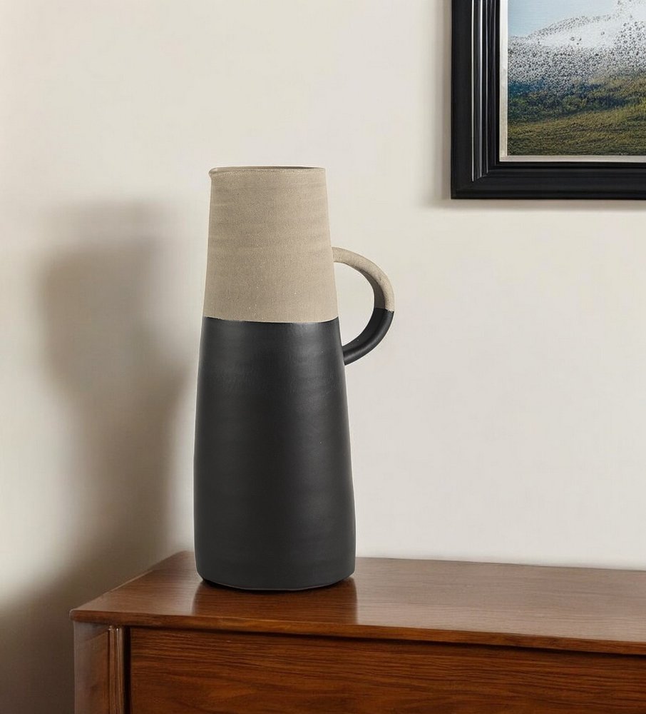 14" Black and Natural Ceramic Decorative Jug HomeRoots