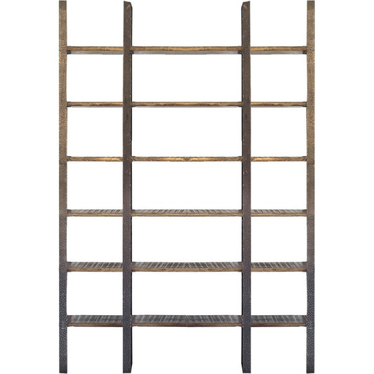 90" Brown Distressed Iron and Solid Wood Six Tier Bookcase