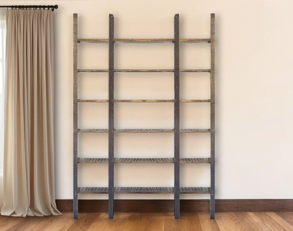 Brown Iron and Solid Wood Six Tier Bookcase HomeRoots