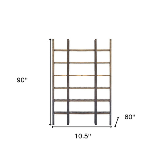Brown Iron and Solid Wood Six Tier Bookcase