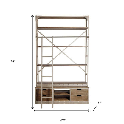 94" Brown Distressed Nickel and Solid Wood Six Tier Bookcase with Four Drawers