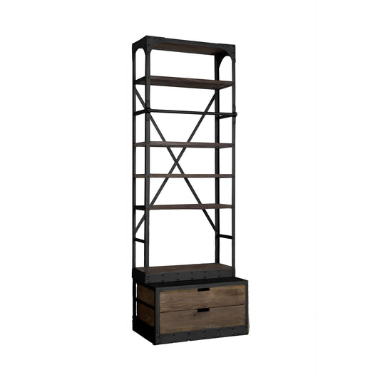 94" Black Distressed Iron and Solid Wood Five Tier Bookcase with Two Drawers