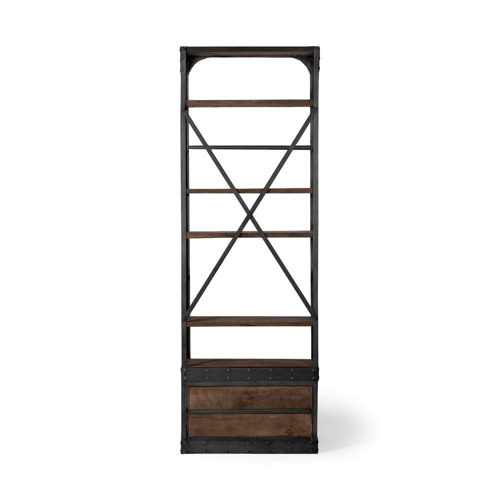 Black Iron and Solid Wood Five Tier Bookcase with Two Drawers HomeRoots