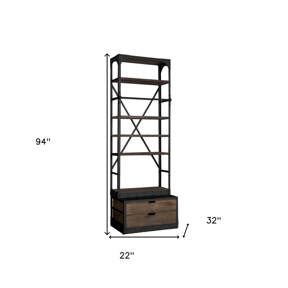 Black Iron and Solid Wood Five Tier Bookcase with Two Drawers HomeRoots