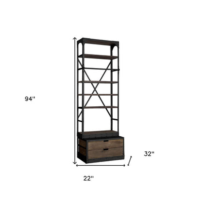 Black Iron and Solid Wood Five Tier Bookcase with Two Drawers HomeRoots