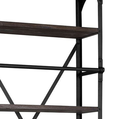 Black Iron and Solid Wood Five Tier Bookcase with Two Drawers HomeRoots