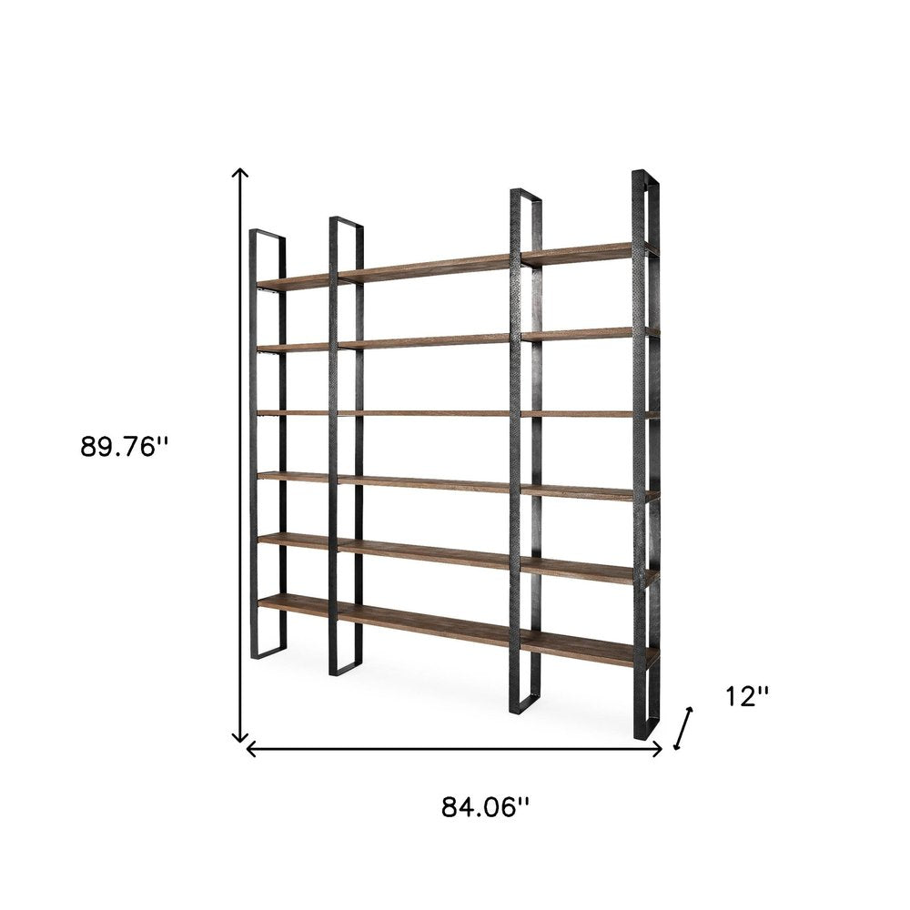 Brown Iron and Solid Wood Six Tier Bookcase HomeRoots