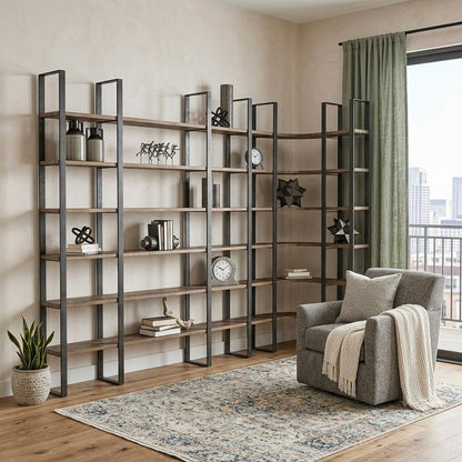 Brown Iron and Solid Wood Six Tier Bookcase HomeRoots