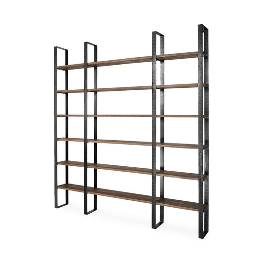 Brown Iron and Solid Wood Six Tier Bookcase