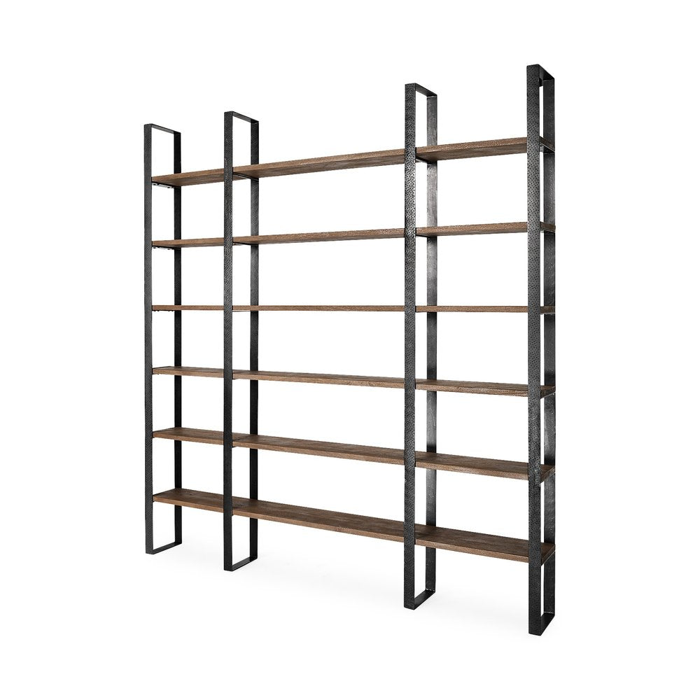 Brown Iron and Solid Wood Six Tier Bookcase HomeRoots