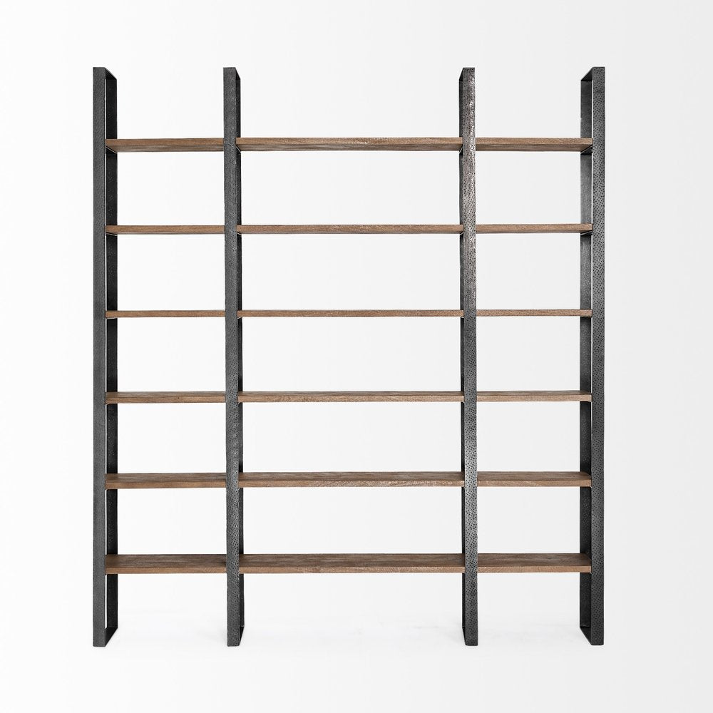 Brown Iron and Solid Wood Six Tier Bookcase HomeRoots