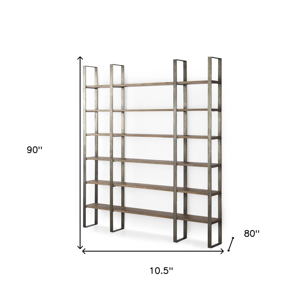 Brown Nickel and Solid Wood Six Tier Bookcase HomeRoots