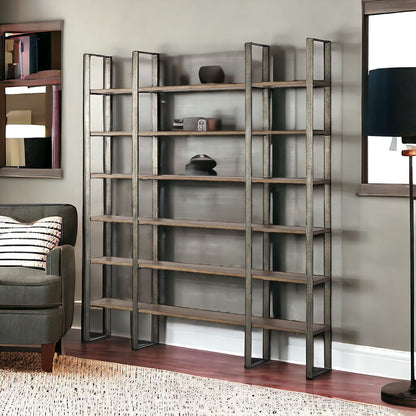 90" Brown Distressed Metal and Solid Wood Six Tier Bookcase