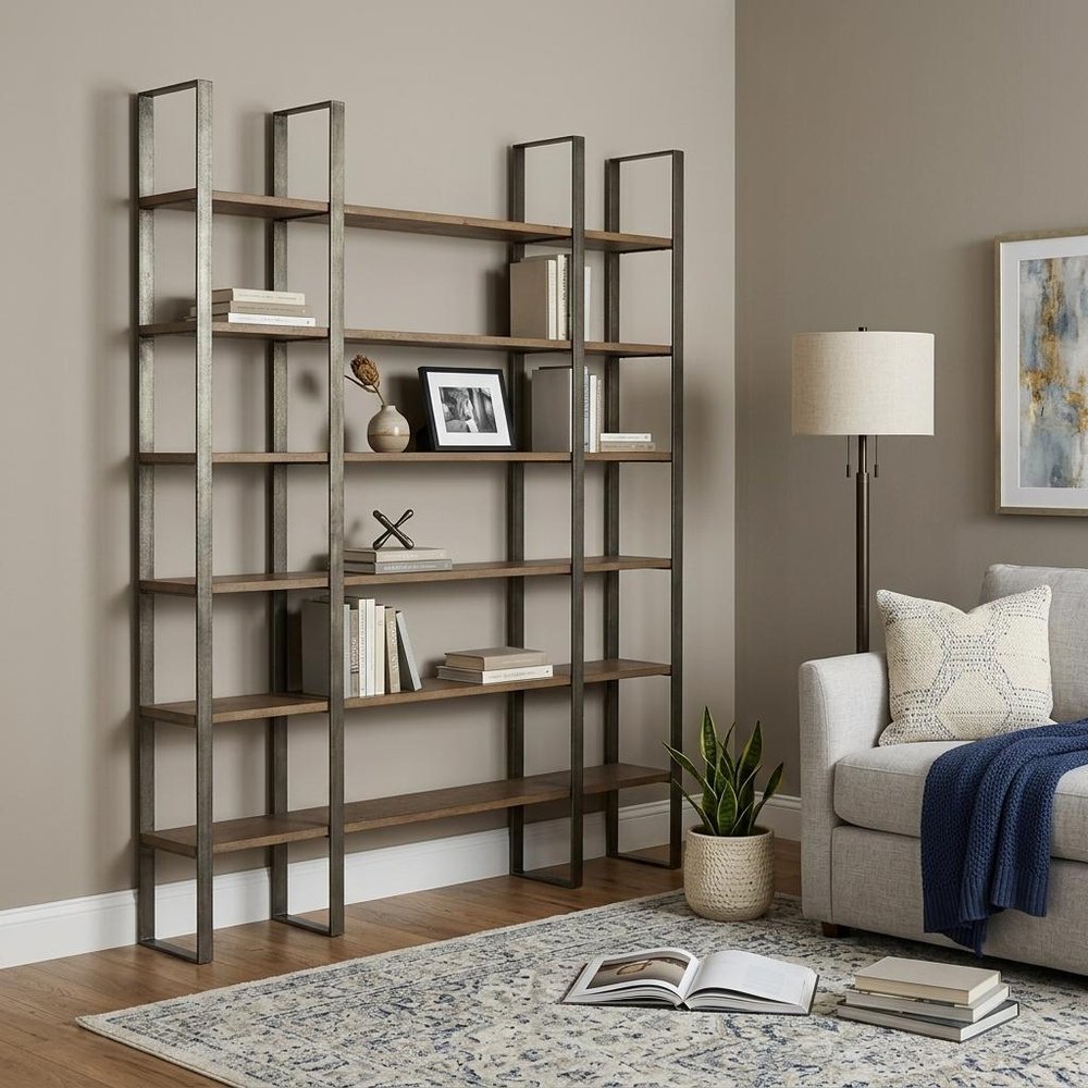 Brown Nickel and Solid Wood Six Tier Bookcase HomeRoots