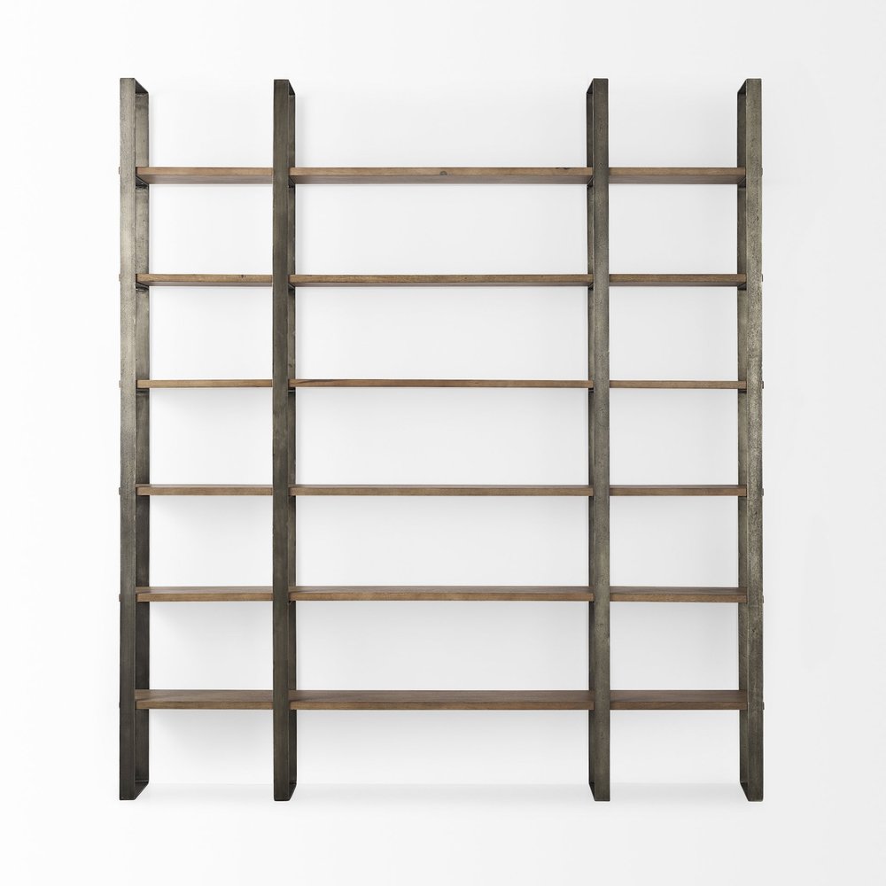 Brown Nickel and Solid Wood Six Tier Bookcase HomeRoots