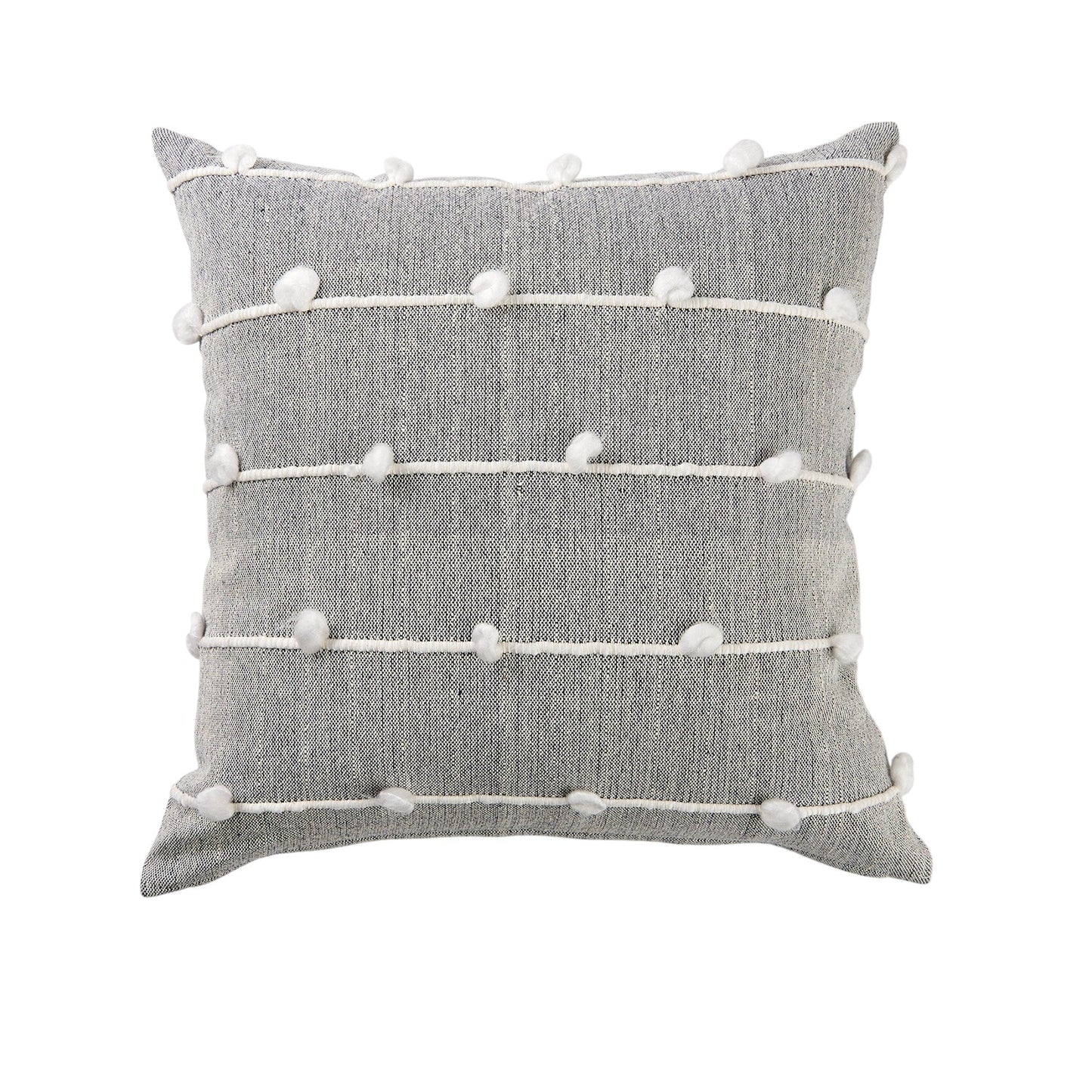 20" Gray and White Striped Linen Throw Pillow Cover With Embroidery and Pom Poms FurniFindUSA