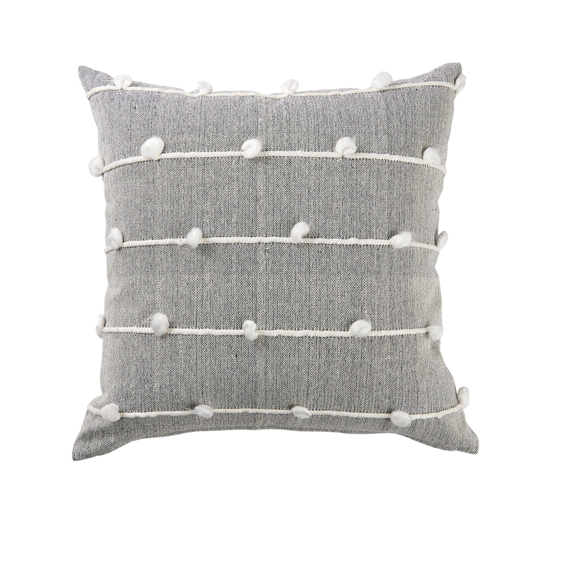 20" Gray and White Striped Linen Throw Pillow Cover With Embroidery and Pom Poms FurniFindUSA