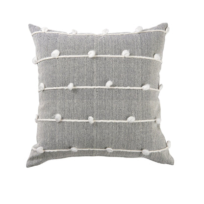 20" Gray and White Striped Linen Throw Pillow Cover With Embroidery and Pom Poms FurniFindUSA
