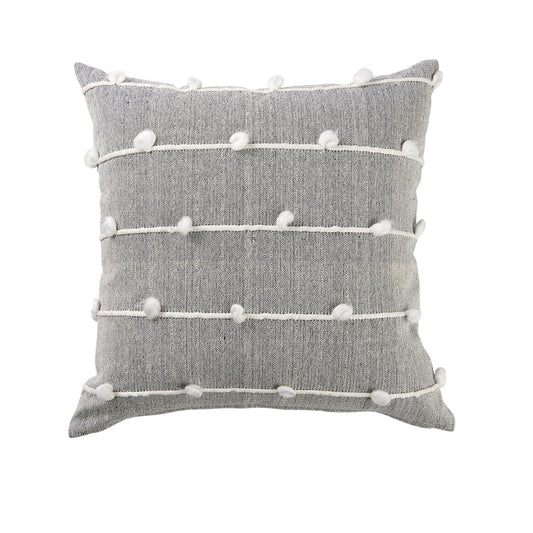 20" Gray and White Striped Linen Throw Pillow Cover With Embroidery and Pom Poms FurniFindUSA