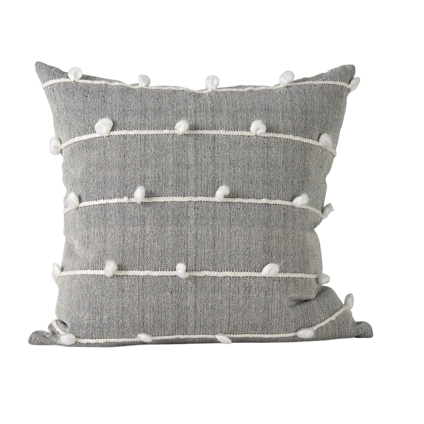 20" Gray and White Striped Linen Throw Pillow Cover With Embroidery and Pom Poms FurniFindUSA