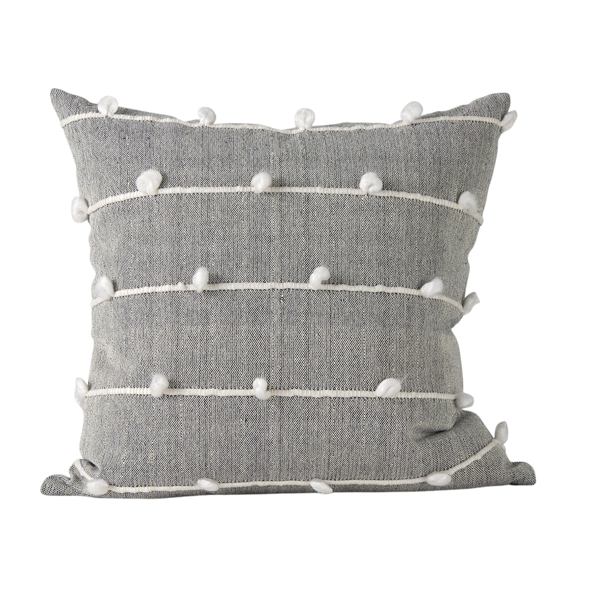 20" Gray and White Striped Linen Throw Pillow Cover With Embroidery and Pom Poms FurniFindUSA