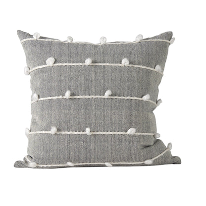 20" Gray and White Striped Linen Throw Pillow Cover With Embroidery and Pom Poms FurniFindUSA