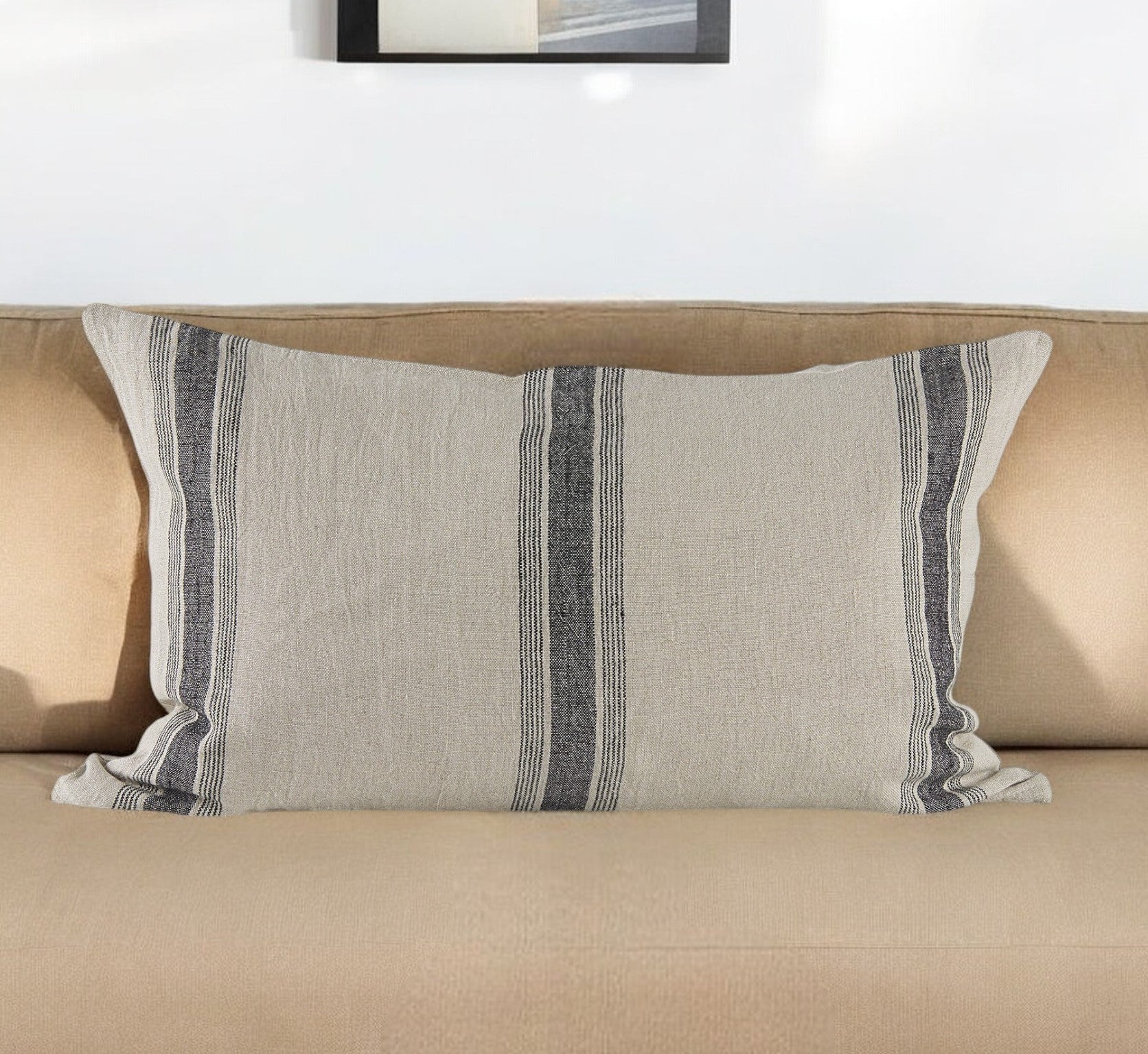 13" X 21" Beige and Black Striped Linen Throw Pillow Cover FurniFindUSA
