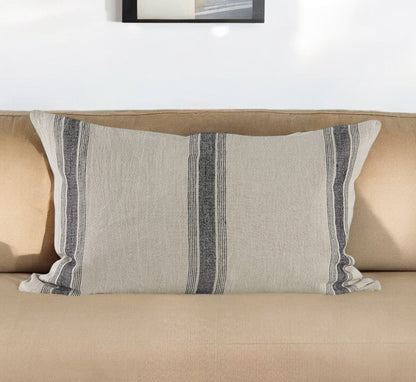 13" X 21" Beige and Black Striped Linen Throw Pillow Cover FurniFindUSA