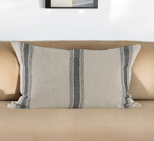 13" X 21" Beige and Black Striped Linen Throw Pillow Cover FurniFindUSA