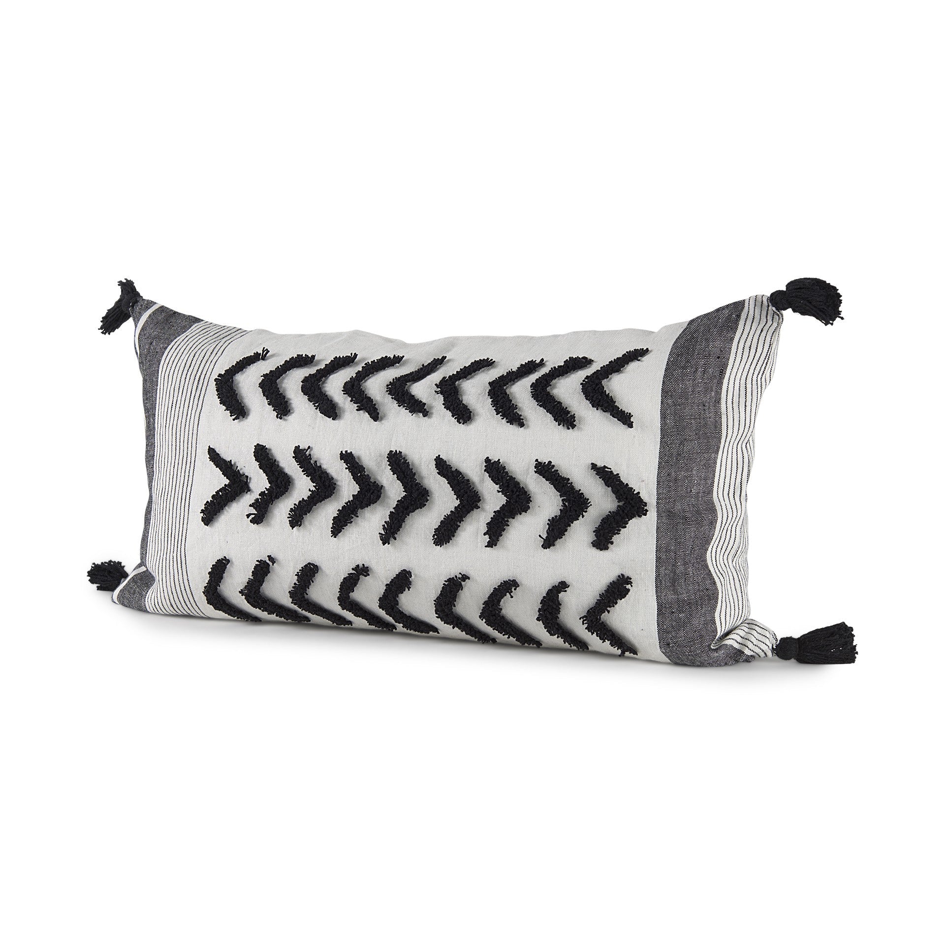 White And Gray Fringed Lumbar Pillow Cover FurniFindUSA