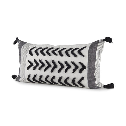 White And Gray Fringed Lumbar Pillow Cover FurniFindUSA