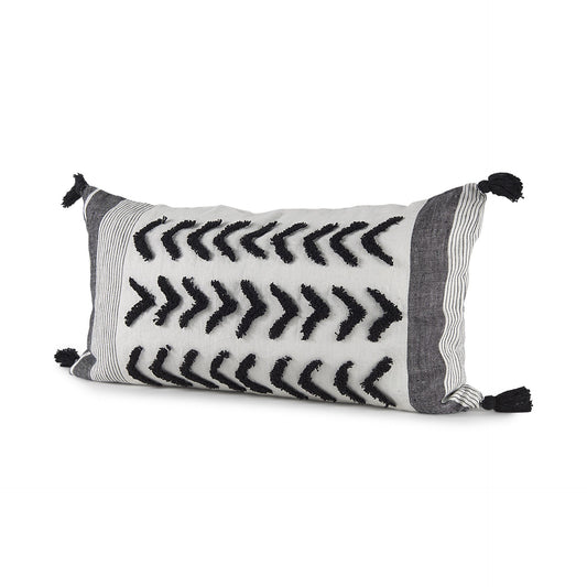 White And Gray Fringed Lumbar Pillow Cover FurniFindUSA