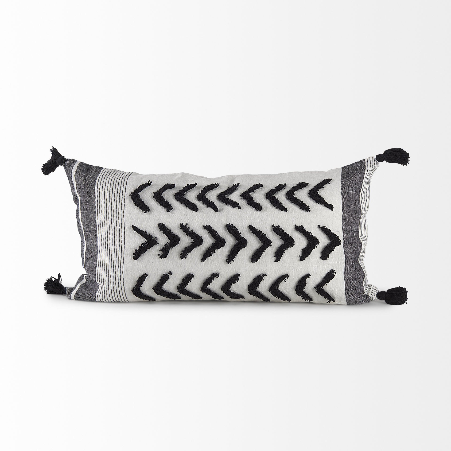 White And Gray Fringed Lumbar Pillow Cover FurniFindUSA