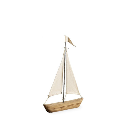 21" Brown And Natural Wood Metal And Fabric Sailboat Tabletop Sculpture HomeRoots