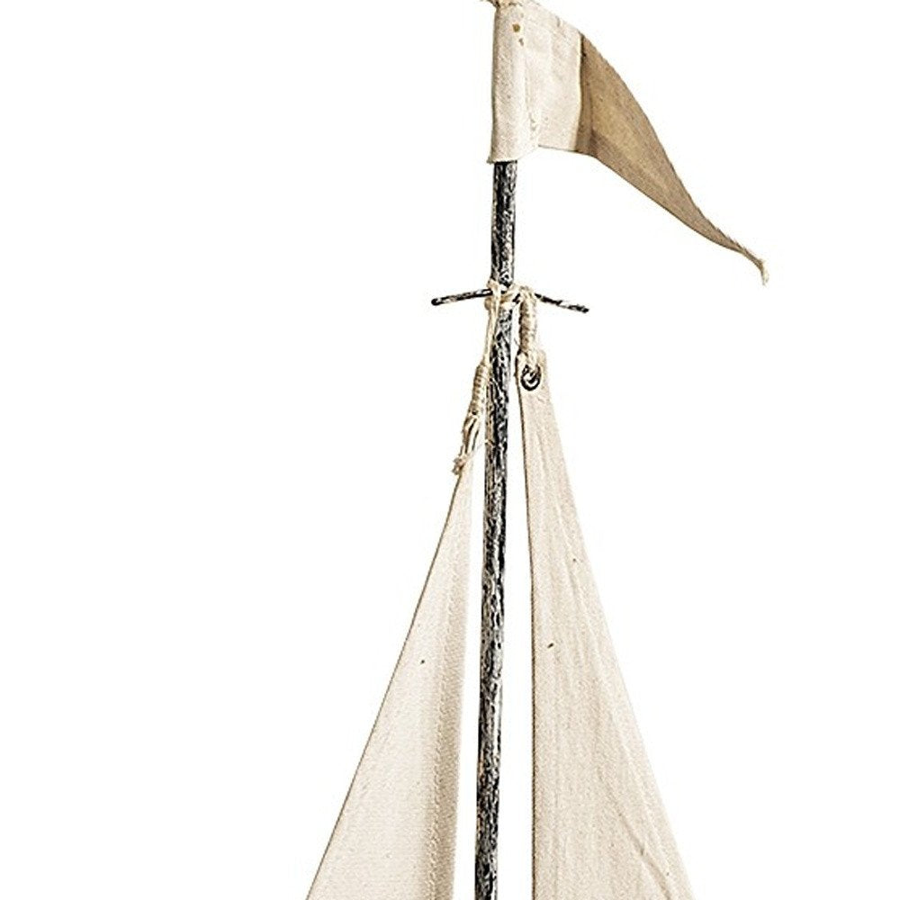21" Brown And Natural Wood Metal And Fabric Sailboat Tabletop Sculpture HomeRoots