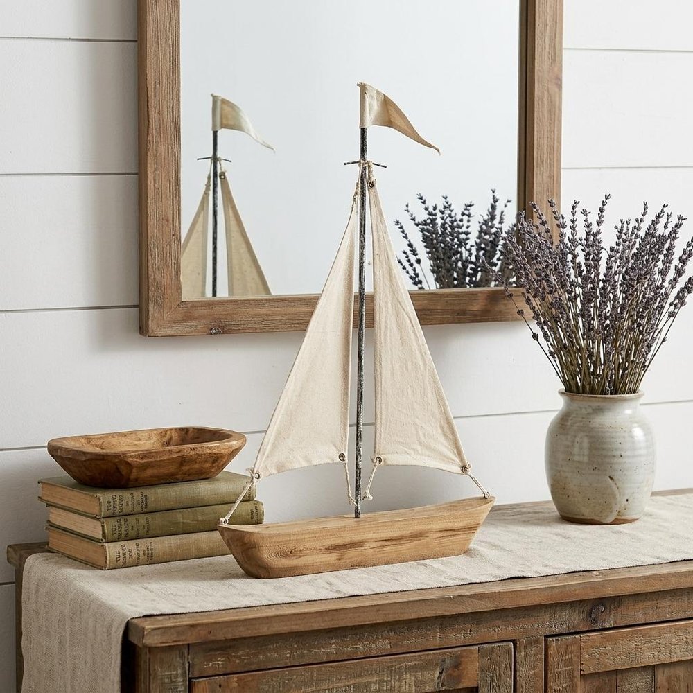 21" Brown And Natural Wood Metal And Fabric Sailboat Tabletop Sculpture HomeRoots