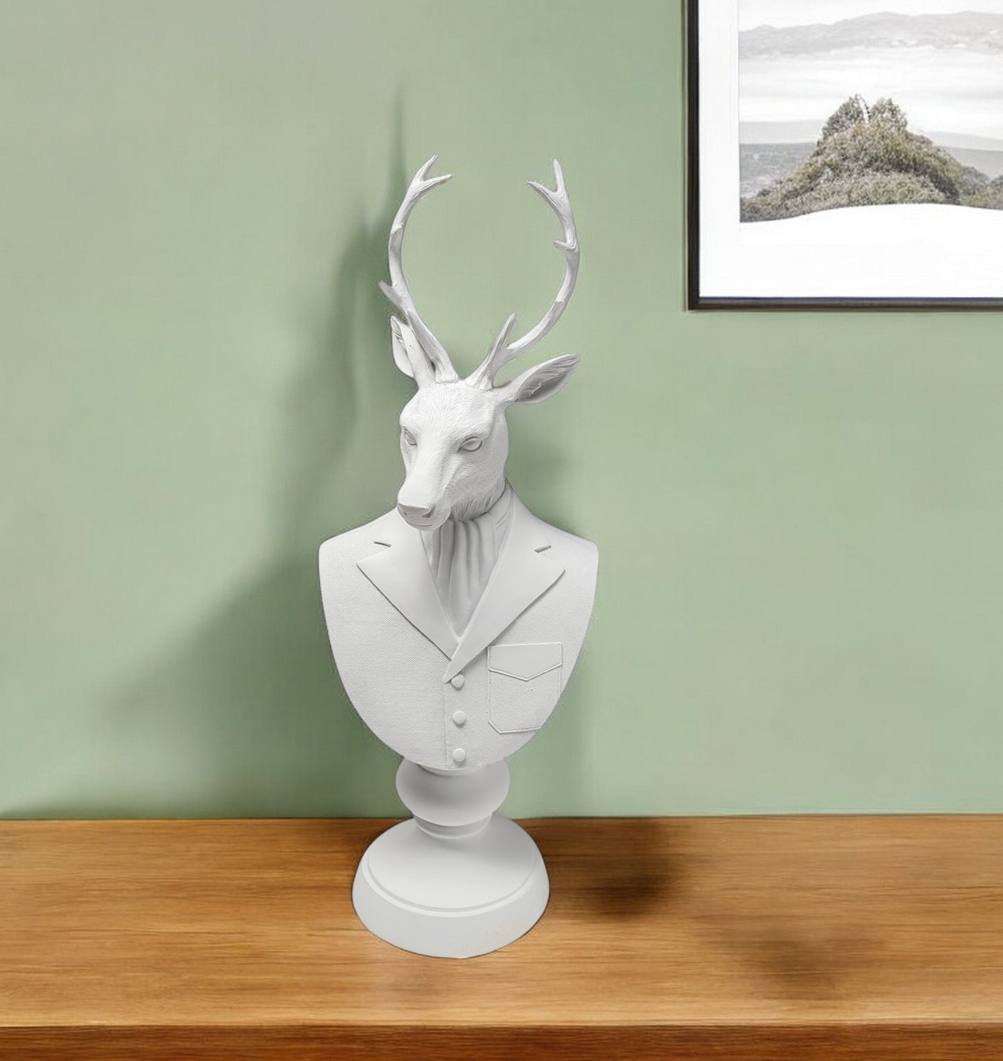 White Resin Suited Deer Bust Decor Piece