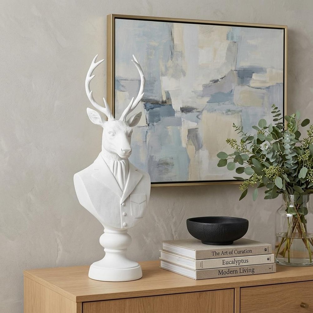 23" White Polyresin Suited Deer Bust Tabletop Sculpture HomeRoots