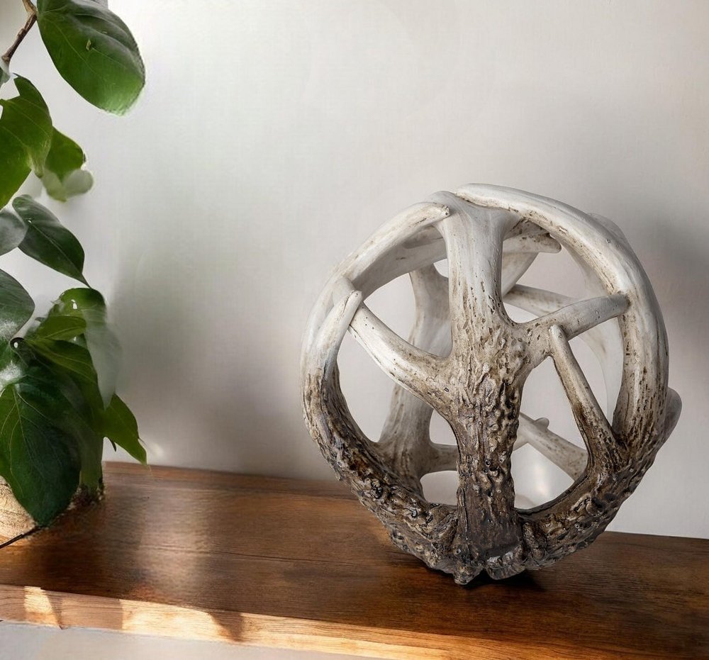 5" Off White And Brown Resin Faux Antler Decorative Orb HomeRoots